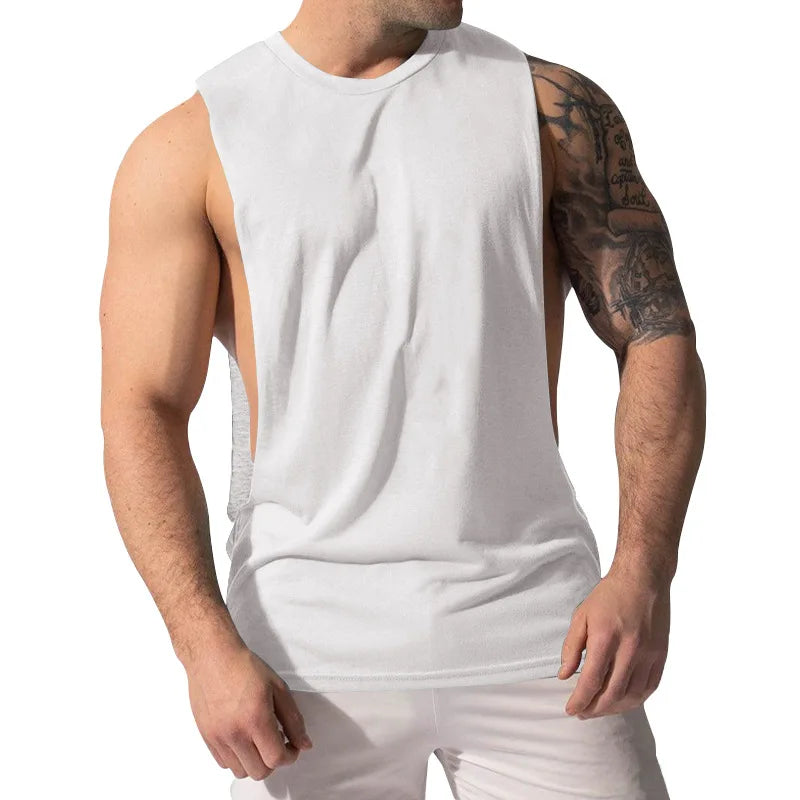 Casual Loose Men Vests Summer O-Neck Sleeveless Male Solid Color Big Side Split Tee Shirts  CBFS-23075