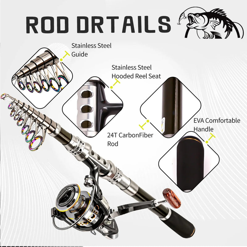 Carbon lure rod wheel set, sea fishing rod, telescopic fishing rod, rotating reel, travel, fresh water fishing set