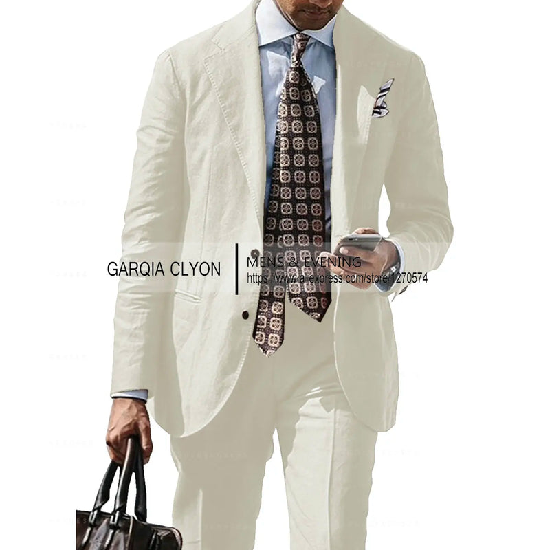 2025 New Casual Men's Suit Jacket Summer Spring Blazer Two Bottom Breathable Cotton Linen Coat 2 Pieces( Jacket+Pants )