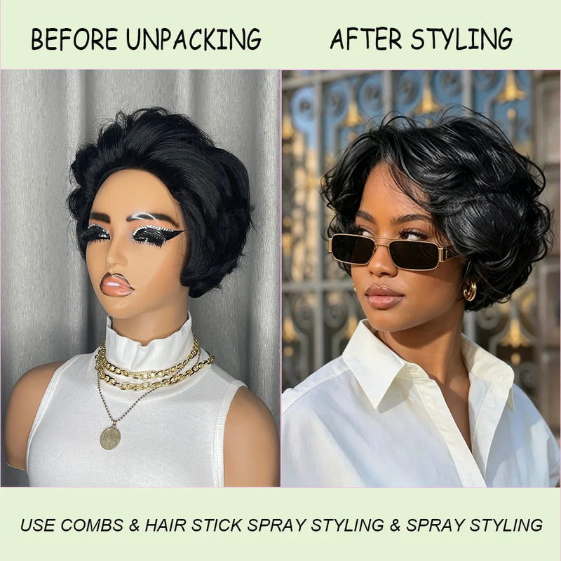Body Wave Short Pixie Cut Wig Curly Human Hair Wigs for Women 100% Human Hair Brazilian Hair Machine Made Tangle Free Curly Wigs