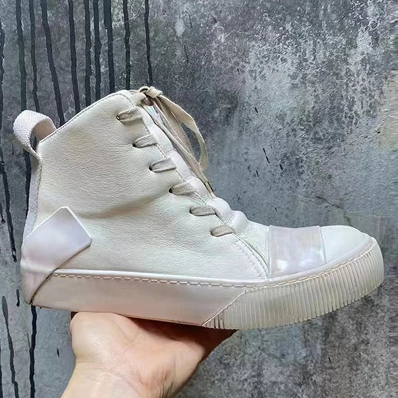 Retro Mixed Color Men Ankle Boots Handmade Genuine Leather High-top Men Sneakers Dark Black Street Style Fashion Men Flat Shoes