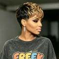 Pixie Cut Human Hair Wig Full Machine Made Black Blonde Ombre Fluffy Curly Short Wig For African American Women Casual Outfits