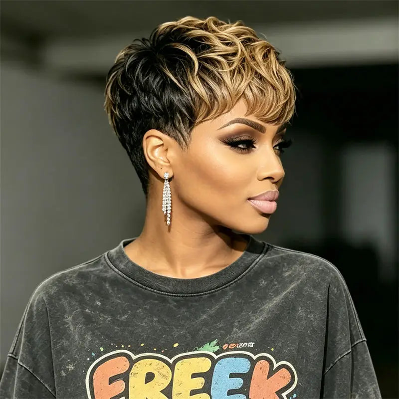Pixie Cut Human Hair Wig Full Machine Made Black Blonde Ombre Fluffy Curly Short Wig For African American Women Casual Outfits