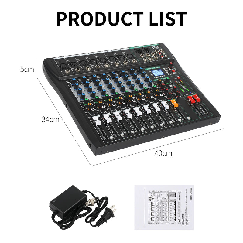 Audio Mixer CT 8 Channel Sound Board Mixing Console Audio Interface PC USB Bluetooth Phantom Digital Effect DJ Live Studio Stage