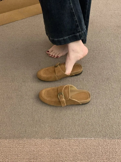 French Vintage Suede Closed-toe Mules for Women, Retro | SAMAG
