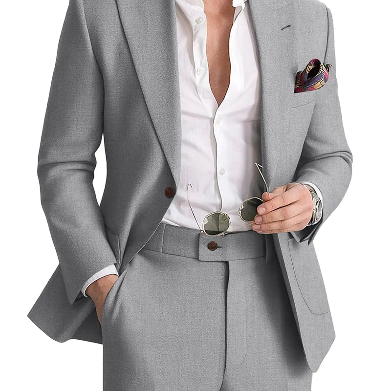 Mens Linen Suit 2 Piece Casual Suits for Men Summer Beach Groom Wedding Suit Linen Blazer Pants Set