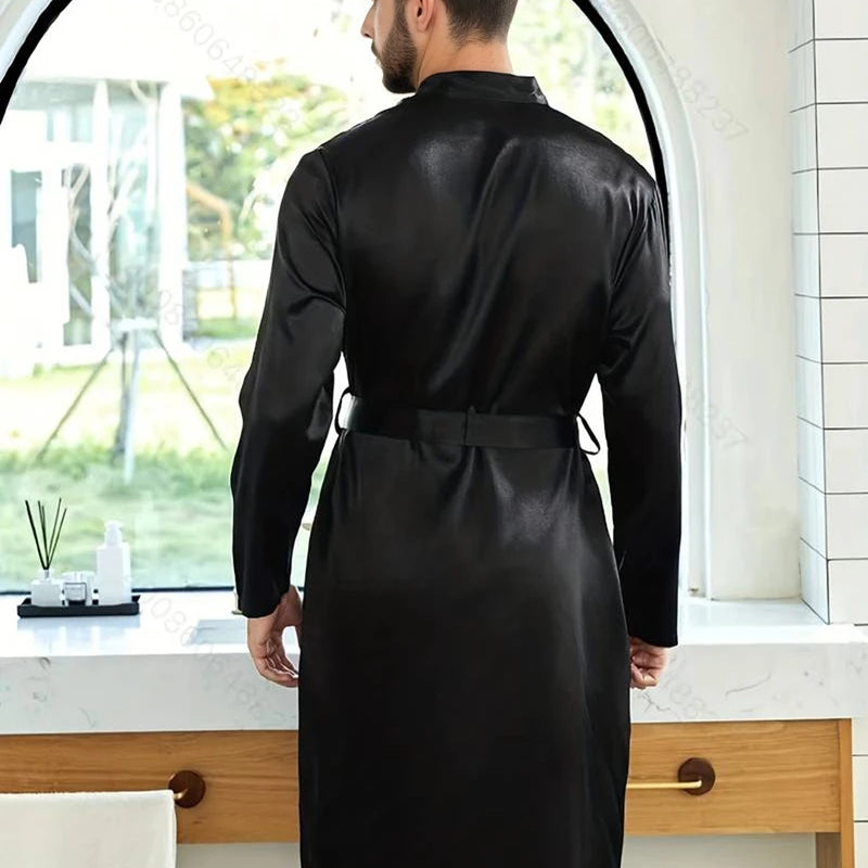 Comfortable Men's Black Satin Pajama Set V-Neck Long Sleeve Robe With Shorts Casual Sleepwear And Homewear For Summer Plus Size