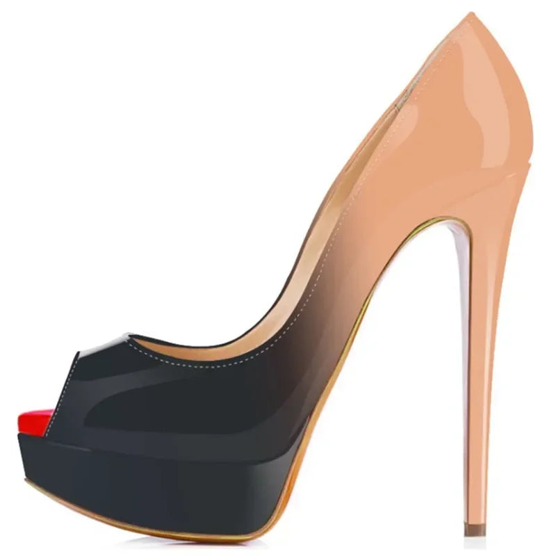 Women Stilettos Sexy Pumps 14cm Extremely Platform Peep Toe High Heels Patent Leather Party Nighclub Dress Red Wedding Shoes