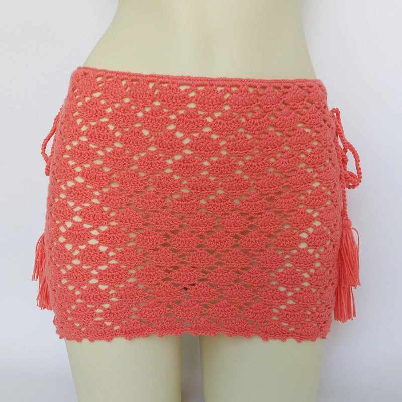 High Quality Bikini Cover Up Mini Skirt Beach Skirt Hollow Out Tassel Bandage Short Beach Skirt Cover-Ups 100% Handmade