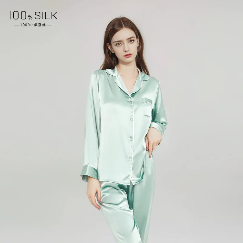 2025 Summer New Silk Pajamas Women's Long Sleeve Pants Lapel 100% Mulberry Silk Cool Home Clothes Set Pajamas Nightwear