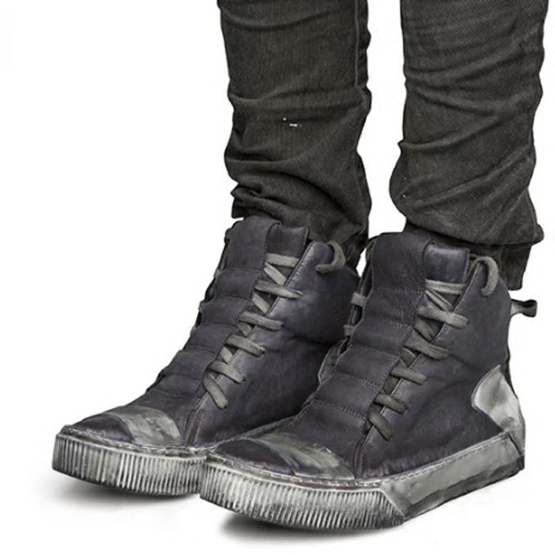 Retro Mixed Color Men Ankle Boots Handmade Genuine Leather High-top Men Sneakers Dark Black Street Style Fashion Men Flat Shoes