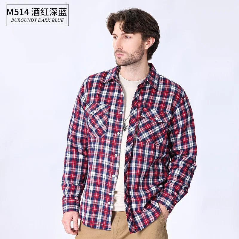 American size men's long-sleeved shirt autumn and winter flannel coat plaid casual non-ironing large size with pockets