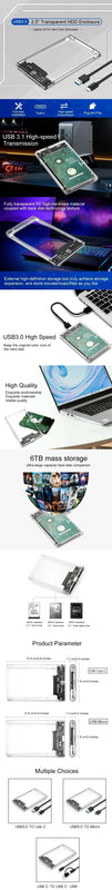 Type-C 3.1 SSD Case Enclosure Box 2.5 HDD SATA To USB 3.0 With 5Gbps Adapter External Housing Hard Drive Box Transparent/Black