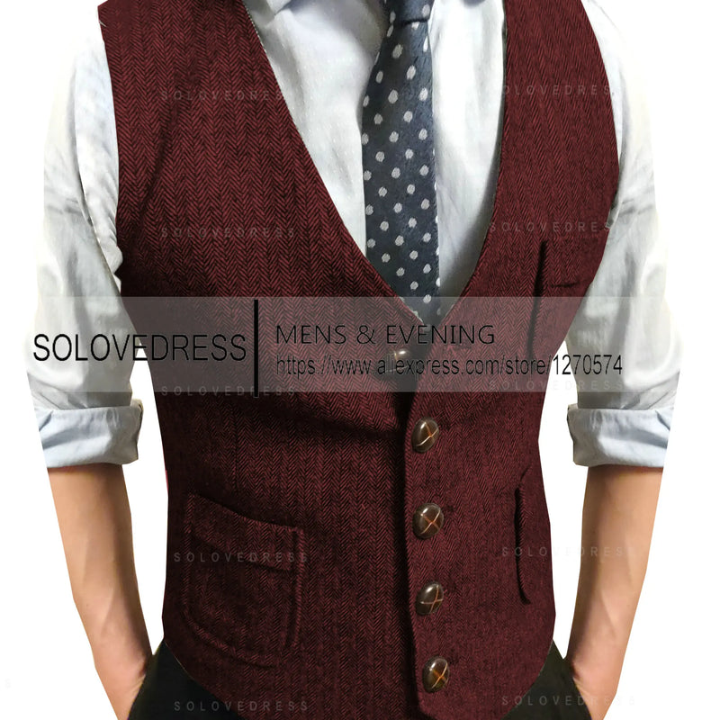 Men's Suit Vest V Neck Notched Lapel Slim Fit Leisure Wool Herringbone Tweed Vest Men for Wedding Groomsmen Mens Waistcoat Vest