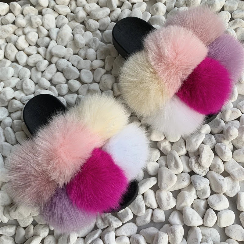 Fur Slides Factory Supply Mixed Color Pom Pom Six Balls Fox Fur Multi-Color Fluffy Fur Slippers For Women
