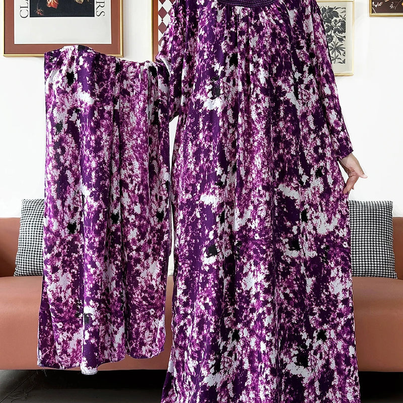 Fashion Women Abaya Embroidered Tie-dye O-neck Cotton | SAMAG