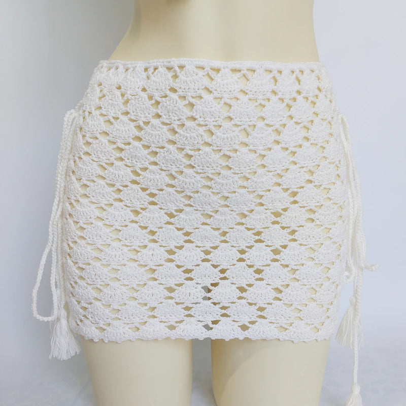 High Quality Bikini Cover Up Mini Skirt Beach Skirt Hollow Out Tassel Bandage Short Beach Skirt Cover-Ups 100% Handmade
