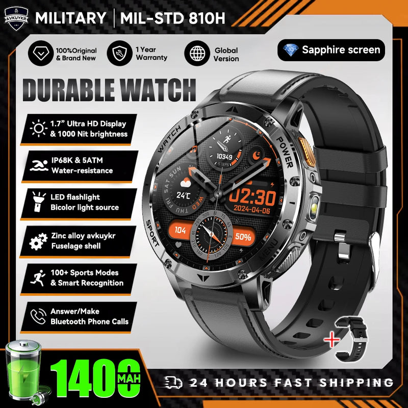 Military Grade Alloy Smartwatch 1400mAh Long Standby Waterproof SOS Emergency Flashlight BT Call Outdoor Sports Watch For Men