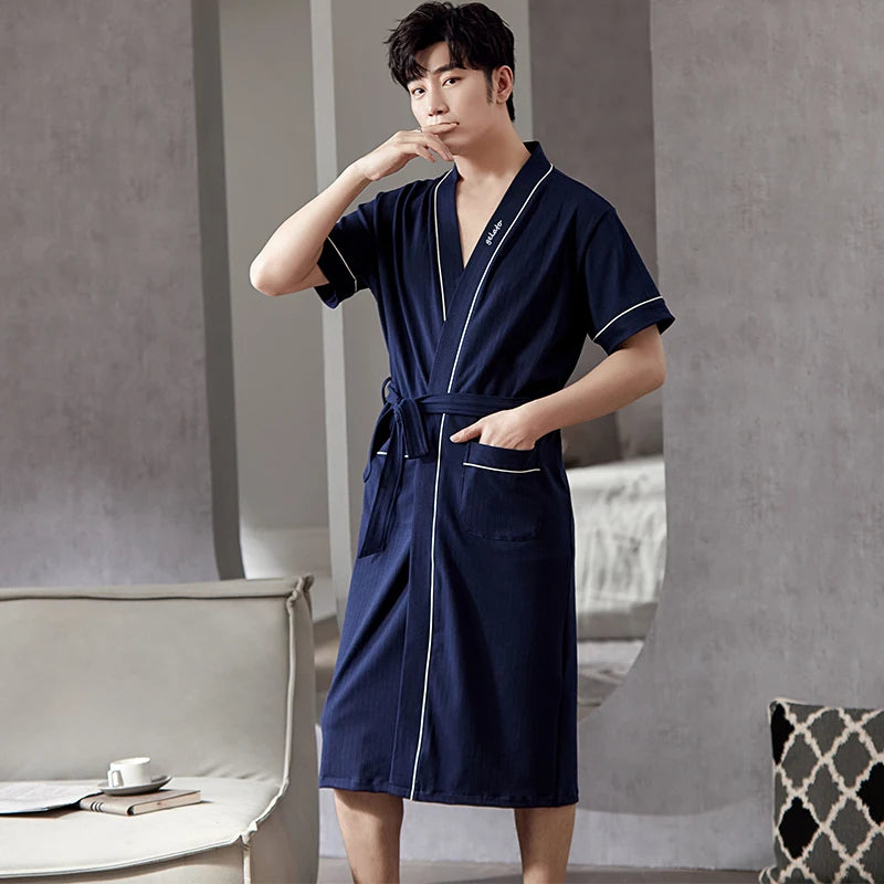 Big Yards L - 4XL Pajamas Mens Soft Cotton Knited Robes Sexy V-Neck Short Sleeve Bathrobe Male Solid Color Nightgown Lounge