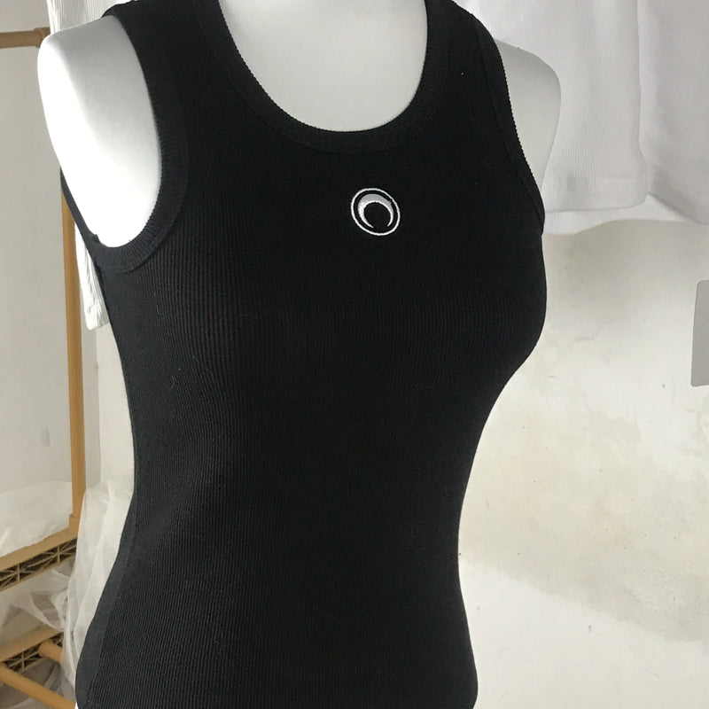 High Street Tank Top Sleeveless Women Moon Embroidery Korean Style Cotton Slim Fit Versatile Bottom Strap Tops