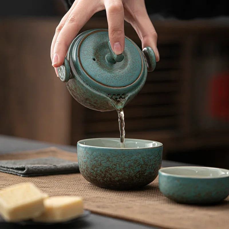 Ceramic Gongfu Travel Tea Set, Gorgeous Chinese Teapot Set with 2 Tea Cups, Portable Carrying Case