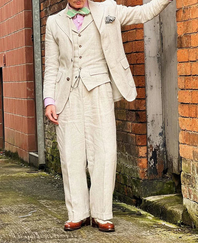 Beige Linen Men Suits Lightweight Blazer Vest Pants Set | SAMAG