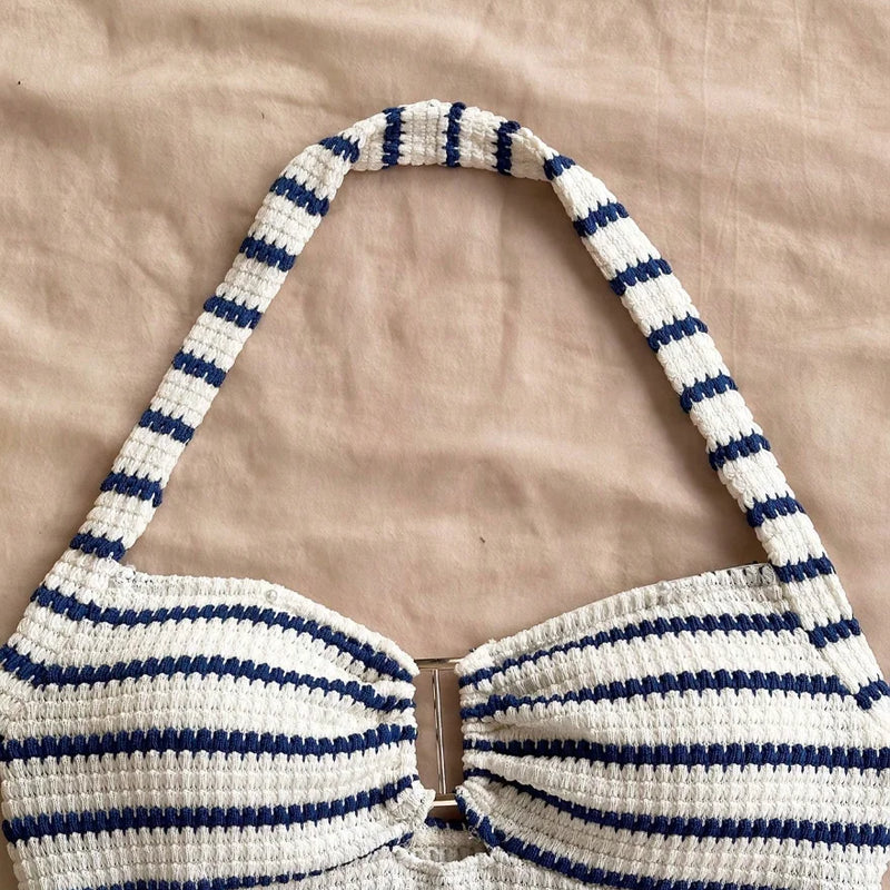 Summer Textured Knit Halter Top Shorts Two Piece Outfit, Classic Nautical Stripes Paired With Breathable Knit Fabric, Ideal For