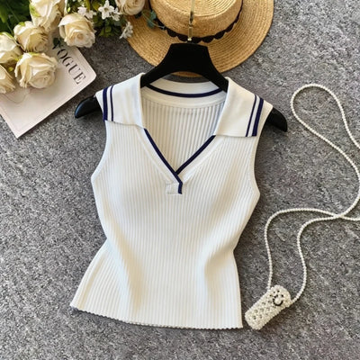 Women's Navy Striped Sailor Collar Knit Sweater Vest | SAMAG