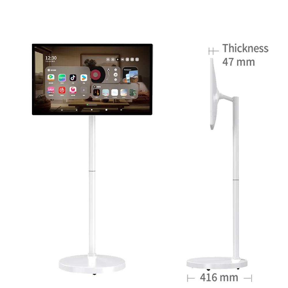 21.5 Inch LCD HDTV Smart Mobile TV Built-in Camera Android 10-point Touch Screen White Portable on Wheels for Home Gym Room
