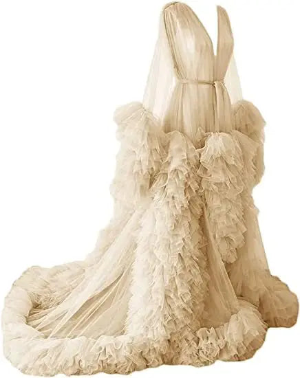 Women's Dressing Gown Perspective Sheer Long Tulle Robe Puffy Pregnancy Maternity Dress for Baby Shower Nightgown Sleepwear