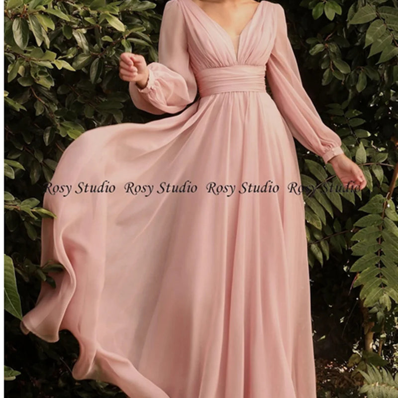 New Simple V Neck Long Bridesmaid Dresses with Sleeves | SAMAG