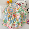Cartoon Hello Kitty Summer Cardigan Lapel Women's Pajama Set Cloud Cotton Cute Printed Casual Loungewear Three-piece Set
