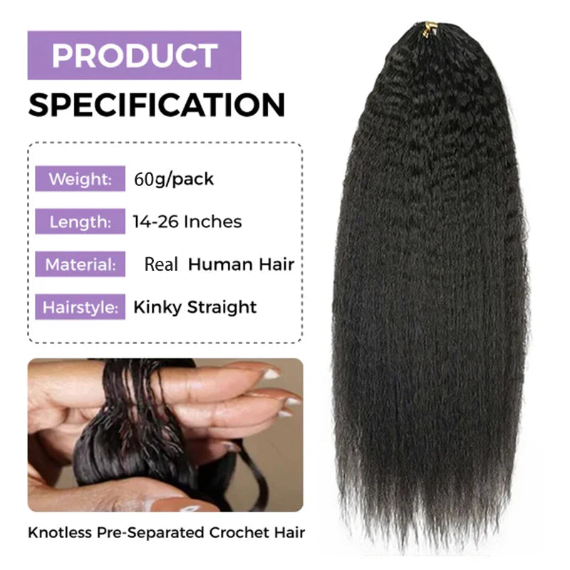 30 Inch 60g/Pack 1-5PCS Afro Kinky Straight Human Hair Crochet Knotless Pre-Separated Feather Light Crochet Human Hair Extensions Wigs Miracle Knots Crochet Human Hair Braiding Hair Extensions Materials Bouncy Kinky Crochet H