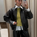 Street Leather Skirts Sets Women High Neck Long Sleeves Zipper High Waist Split Loose Suits Female 2026 Autumn New Chic Set Lady