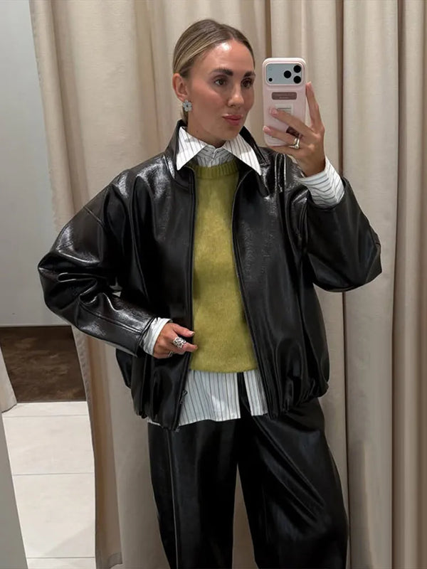 Street Leather Skirts Sets Women High Neck Long Sleeves Zipper High Waist Split Loose Suits Female 2026 Autumn New Chic Set Lady