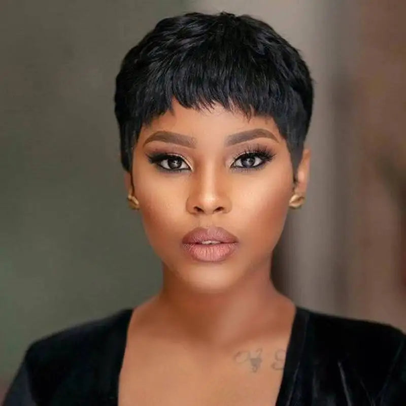 99j Color Dark Burgundy Red Human Hair Wigs for Women Short Pixie Cut Wigs with Bangs Layered Boy Cut Duby Wig Machine Made