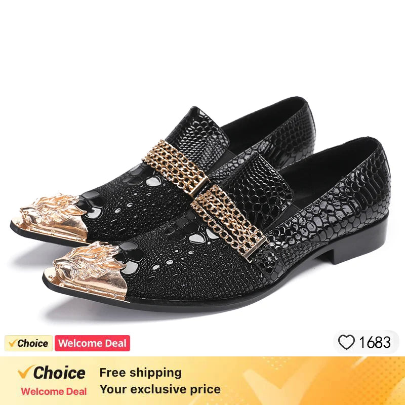 Crocodile Grain Men Shoes Pointed Iron Toe Leather Dress Shoes Black Lace-up Formal Business Shoes Men Zapatos Hombre