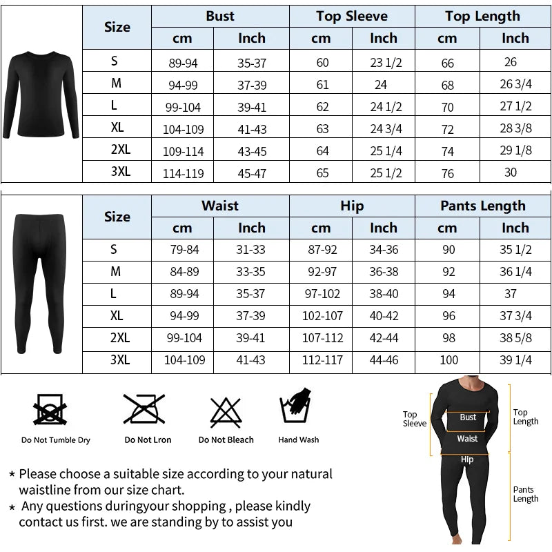 Slimbelle Men's Long Johns Set Winter Thermo Underwear Set Compression Long Sleeve Top Soft Breathable Round Neck Underwear