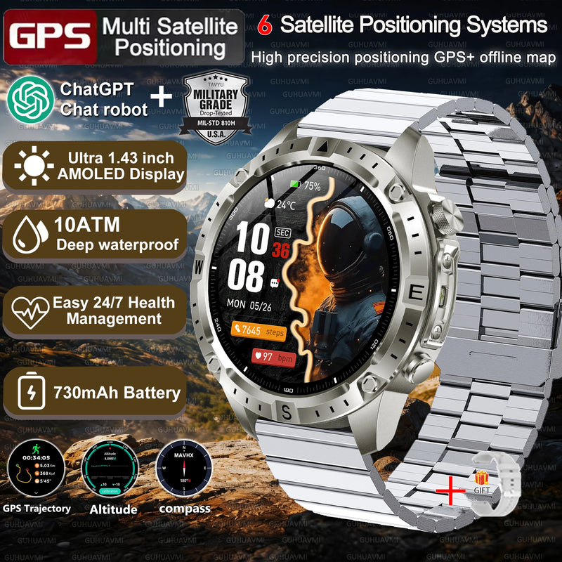2026New Military Tank GPS SmartWatch Offline Map 10ATM Swim 2GB RAM Music Altitude Compass Bt Call Fitness Sports Smartwatch Men