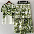 Designer retro geometric print knitted T-shirt two-piece summer women's dress+loose plus-size pleated skirt fashion suit