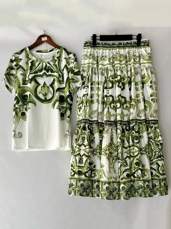 Designer retro geometric print knitted T-shirt two-piece summer women's dress+loose plus-size pleated skirt fashion suit