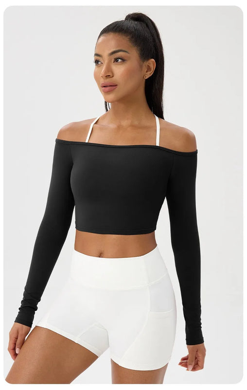 Long Sleeve Yoga T-Shirt for Women, Off Shoulder, Sexy Tight Gym Workout Top, Naked Feeling, Quick Dry Sports Activewear