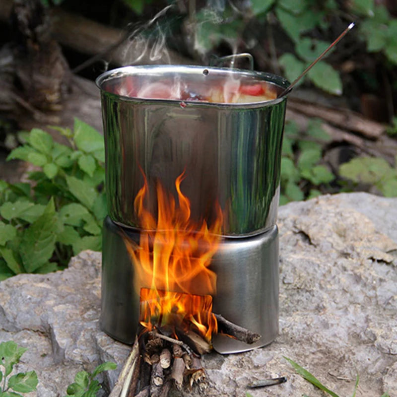 Tiartisan Outdoor Camping Cookware 304 Stainless Steel Army Edition Canteen Cup Lunch Box Wood Stove Set With Handle Hanging Pot