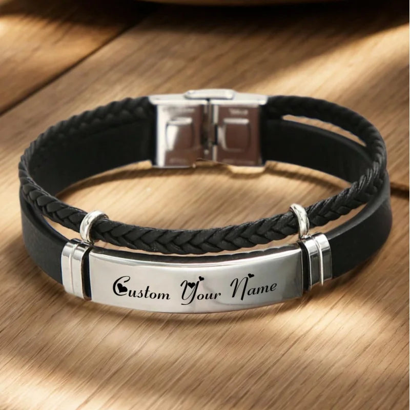 Custom Engraved Name Braided Rope Stainless Steel Bracelet, Personalised Engraved Text Twisted Rope Braided Leather Wristband