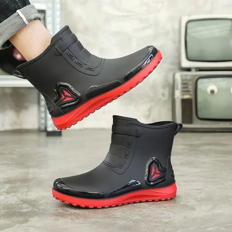 Men's New Short Rain Boots with Elastic Cuff Waterproof Non-Slip Soft Sole Work Rubber Shoes