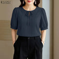 ZANZEA Elegant Solid Color Woman Blouses Lace Up O - Neck - View 5 | SAMAG