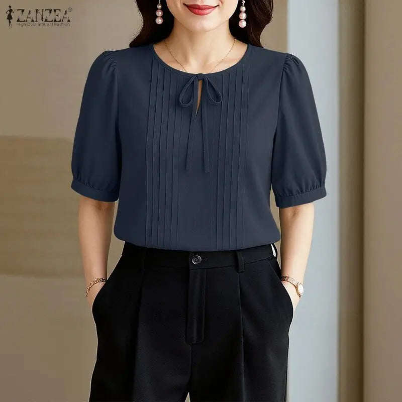 ZANZEA Elegant Solid Color Woman Blouses Lace Up O - Neck - View 5 | SAMAG