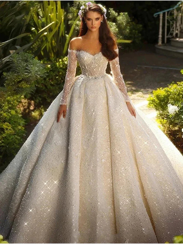Customized Luxury Glistening A Line Wedding Dress Tulle - View 3 | SAMAG