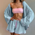 Spring Summer Collection Women's Pure Cotton Loose Fit Long Sleeve Cardigan Shorts Pajama Set Comfortable Loungewear Outdoor