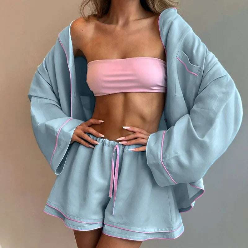 Spring Summer Collection Women's Pure Cotton Loose Fit Long Sleeve Cardigan Shorts Pajama Set Comfortable Loungewear Outdoor